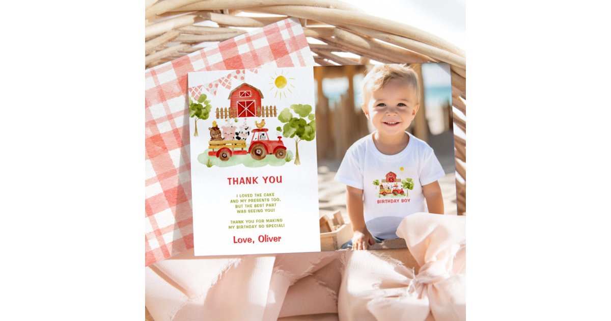 Red farm animals birthday photo thank you card | Zazzle