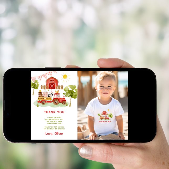 Red farm animals birthday photo thank you card (Front Digital)