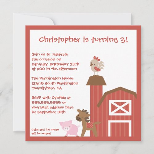 Red farm animals boys birthday party invitation