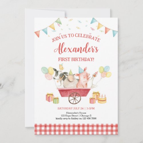 Red Farm Animals First Birthday Invitation