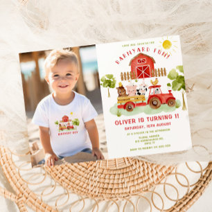 Red farm animals Red tractor boy birthday photo Invitation
