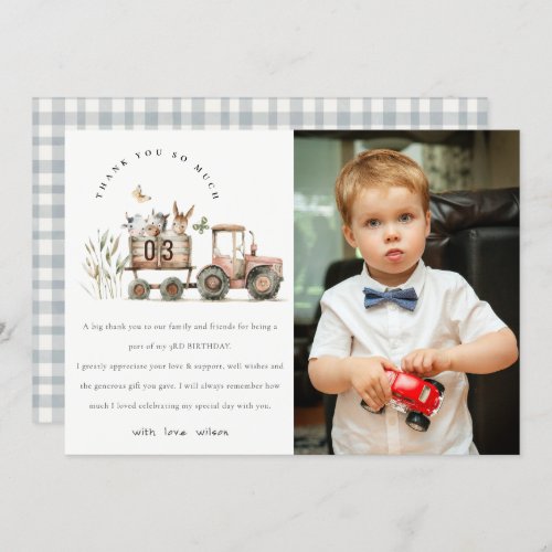 Red Farm Animals Tractor Kids Photo Birthday Thank You Card