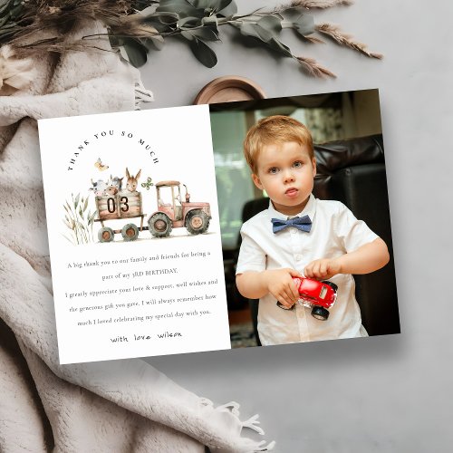 Red Farm Animals Tractor Kids Photo Birthday Thank You Card