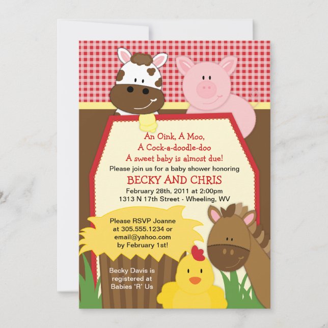 Red Farm Barnyard Baby Shower Invitation (Front)