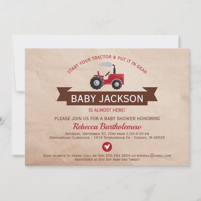 Red Farm Tractor Baby Shower Invitations (Front)