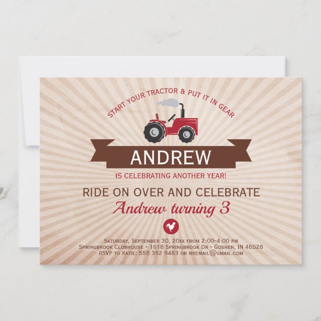 Red Farm Tractor Birthday Party Invitation (Front)