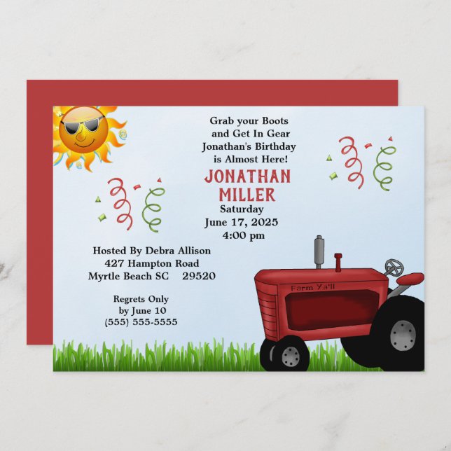 Red Farm Tractor Birthday Party Invitation (Front/Back)