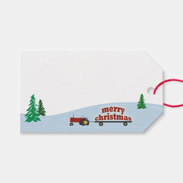 Red Farm Tractor Christmas Gift Tag (Front (Horizontal))