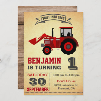 Red Farm Tractor First Birthday Party Invitation