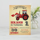 Red Farm Tractor First Birthday Party Invitation (Standing Front)