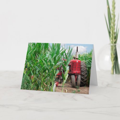 Red Farm Tractor in a Cornfield Birthday Card