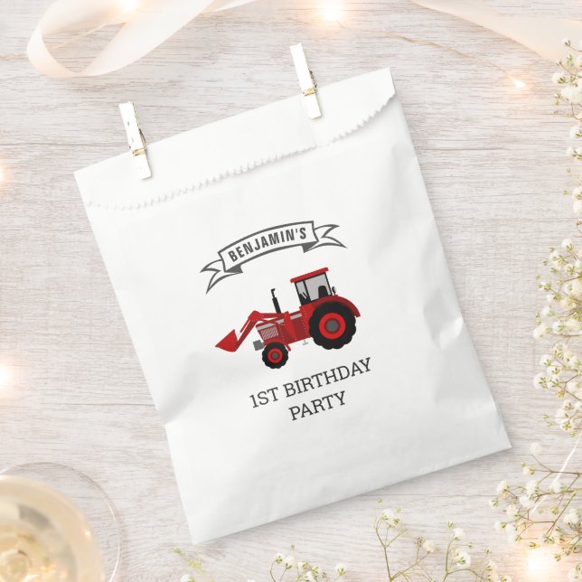 Red Farm Tractor Kids Birthday Party Favor Bag (Clipped)