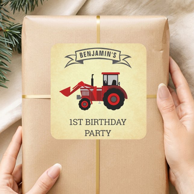 Red Farm Tractor Kids Birthday Party Favor Sticker (Creator Uploaded)