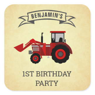 Red Farm Tractor Kids Birthday Party Favor Sticker