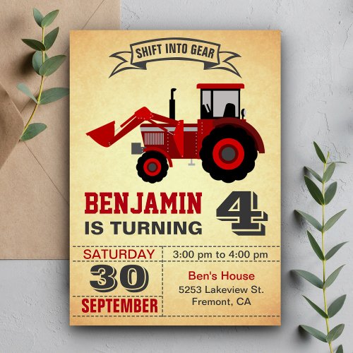 Red Farm Tractor Kids Birthday Party Invitation