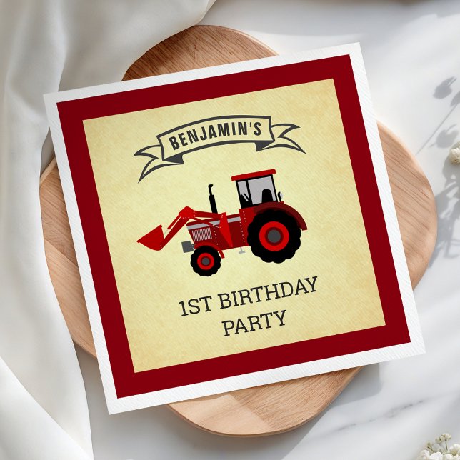 Red Farm Tractor Kids Birthday Party Paper Napkins (Creator Uploaded)