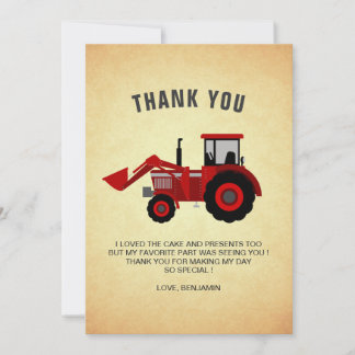 Red Farm Tractor Kids Birthday Party Thank You Card