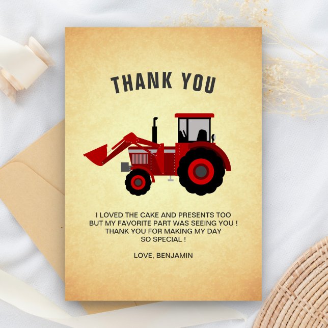 Red Farm Tractor Kids Birthday Party Thank You Card (Creator Uploaded)