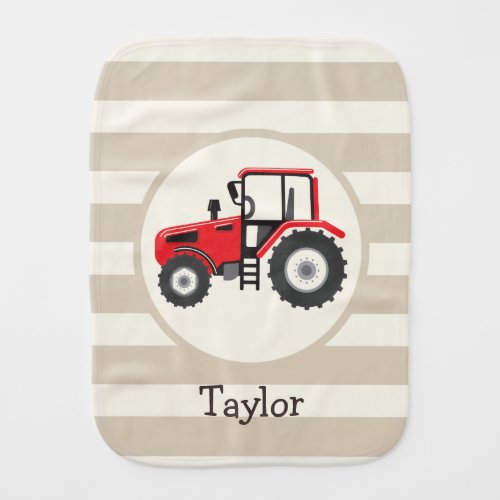 Red Farm Tractor on Tan Stripes Baby Burp Cloth