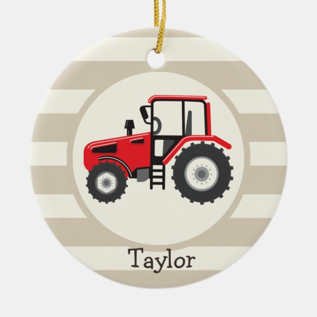 Red Farm Tractor on Tan Stripes Ceramic Ornament (Front)