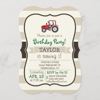 Red Farm Tractor On Tan Stripes Invitation by Birthday_Party_House at Zazzle