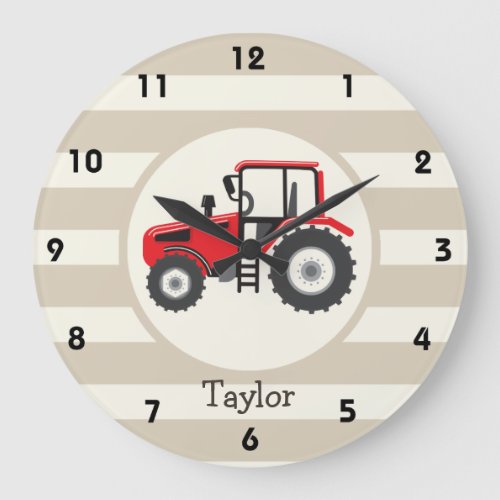 Red Farm Tractor on Tan Stripes Large Clock
