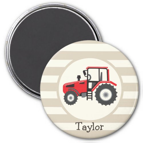 Red Farm Tractor on Tan Stripes Magnet