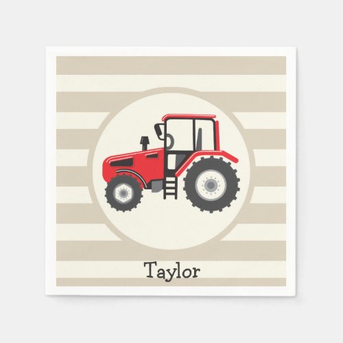 Red Farm Tractor on Tan Stripes Napkins