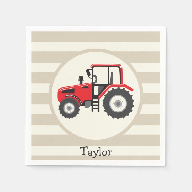 Red Farm Tractor on Tan Stripes Napkins (Front)