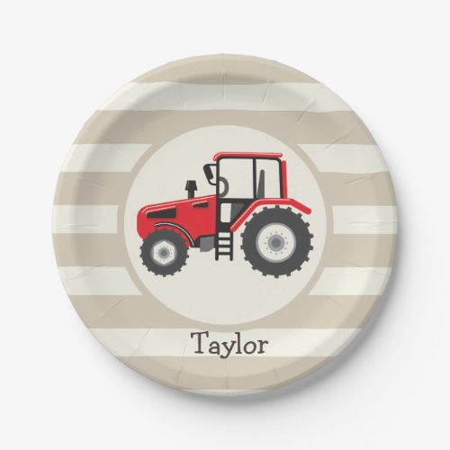 Red Farm Tractor on Tan Stripes Paper Plates