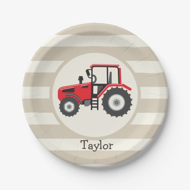 Red Farm Tractor on Tan Stripes Paper Plates (Front)