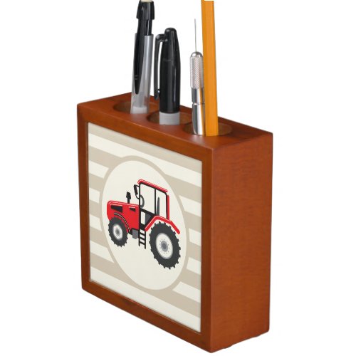 Red Farm Tractor on Tan Stripes Pencil Holder
