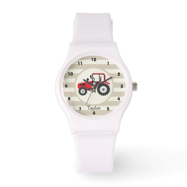 Red Farm Tractor on Tan Stripes Watch (Front)