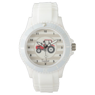 Red Farm Tractor on Tan Stripes Watch