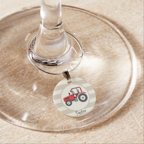 Red Farm Tractor on Tan Stripes Wine Glass Charm
