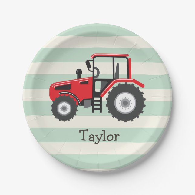 Red Farm Tractor Paper Plates (Front)