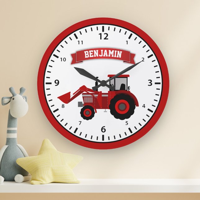 Red Farm Tractor Personalized Name Kids Room Large Clock (Creator Uploaded)