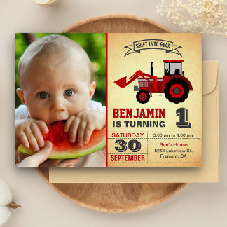 Red Farm Tractor Photo 1st First Birthday Party Invitation