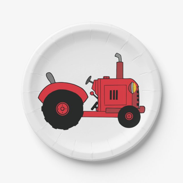 Red Farm Tractor Vehicle Paper Plates (Front)