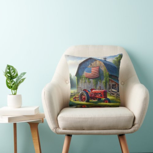 Red Farm Tractor With American Flag On a Barn Throw Pillow
