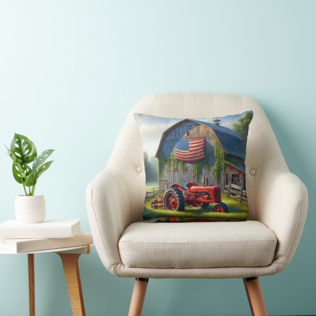 Red Farm Tractor With American Flag On a Barn Throw Pillow (Chair)
