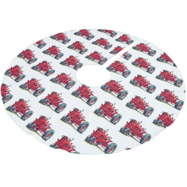 Red Farm Tractor with Eyeballs Brushed Polyester Tree Skirt (Angled)