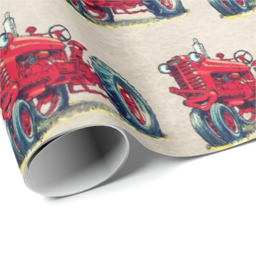 Red Farm Tractor with Eyeballs Wrapping Paper