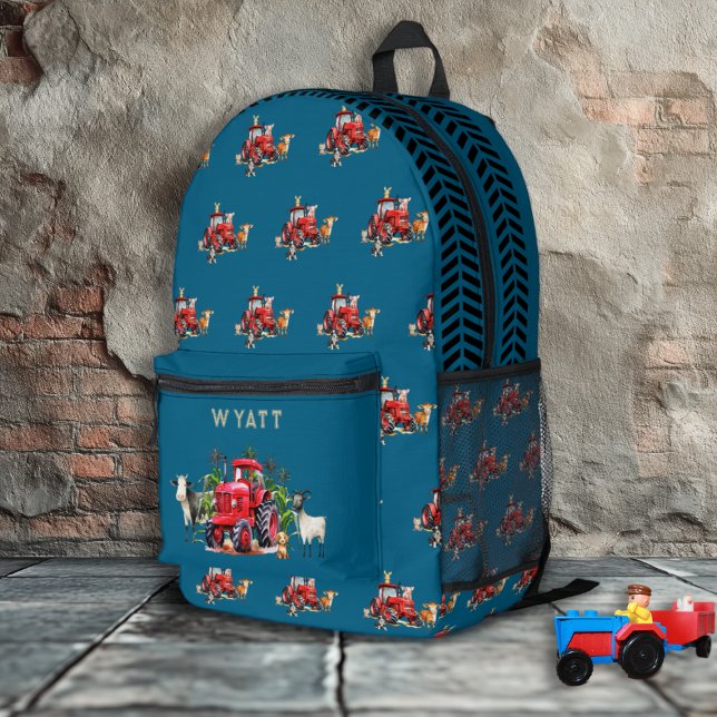 Red Farm Tractors Kids Personalized Teal Blue Printed Backpack (Creator Uploaded)