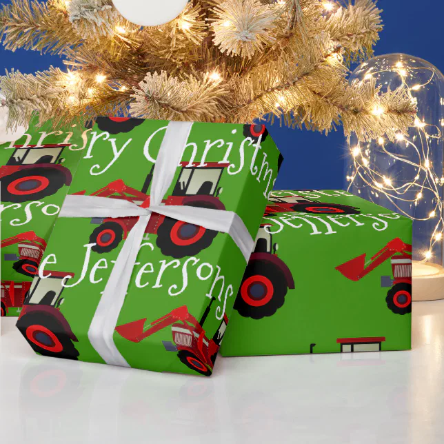 Red Farm Tractors on Green Christmas Wrapping Paper Zazzle