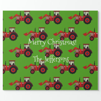 Red Farm Tractors on Green Christmas Wrapping Paper