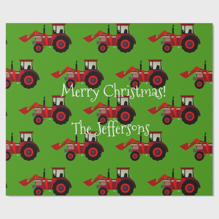 Red Farm Tractors on Green Christmas Wrapping Paper Zazzle