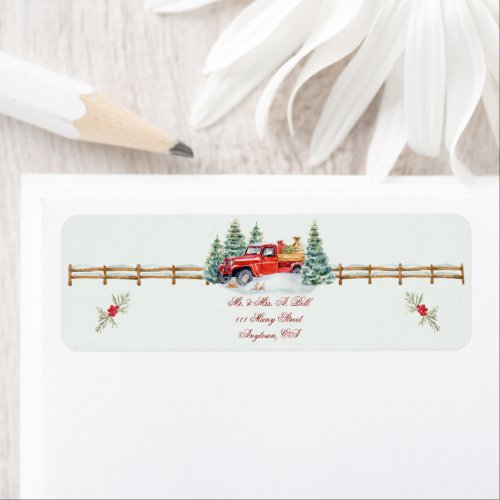 Red Farm Truck and Christmas Trees Label