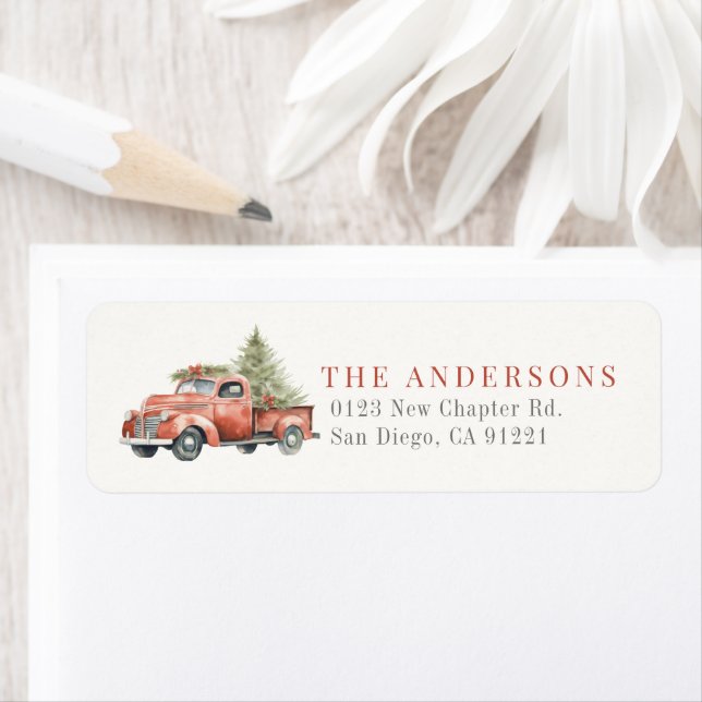 Red Farm Truck Christmas Tree Holiday Address Label (Insitu)