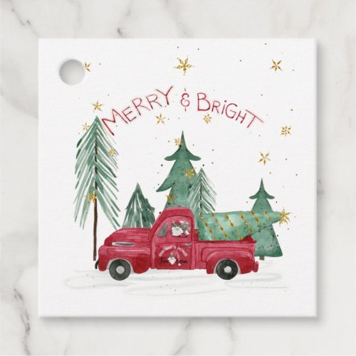 Red Farm Truck Gnome Christmas Trees Family Name Favor Tags
